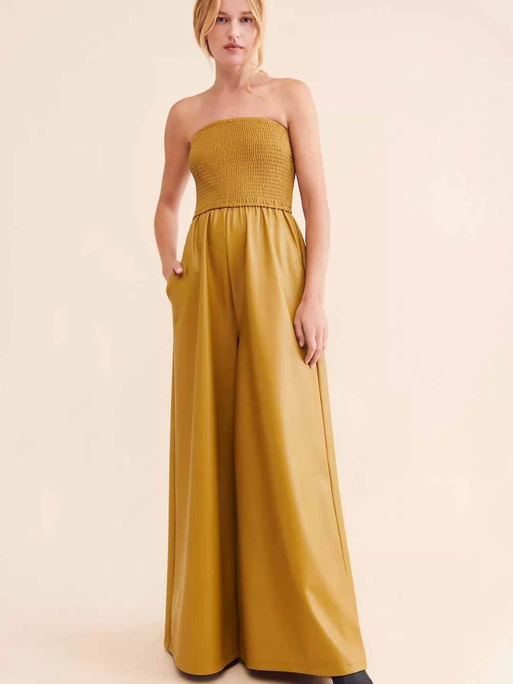 NWT Anthropologie Pilcro Smocked Faux Leather Wide-Leg Jumpsuit